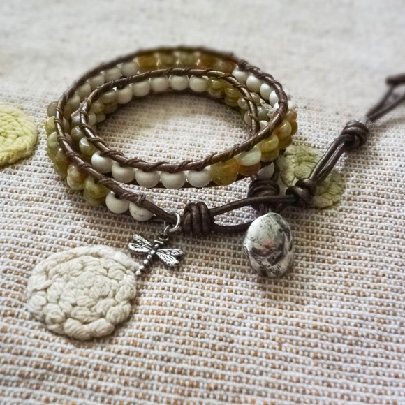 Double Wrap Leather Bracelet w/sterling Silver Dragonfly Charm. Green Serpentine - Picture 7 of 8